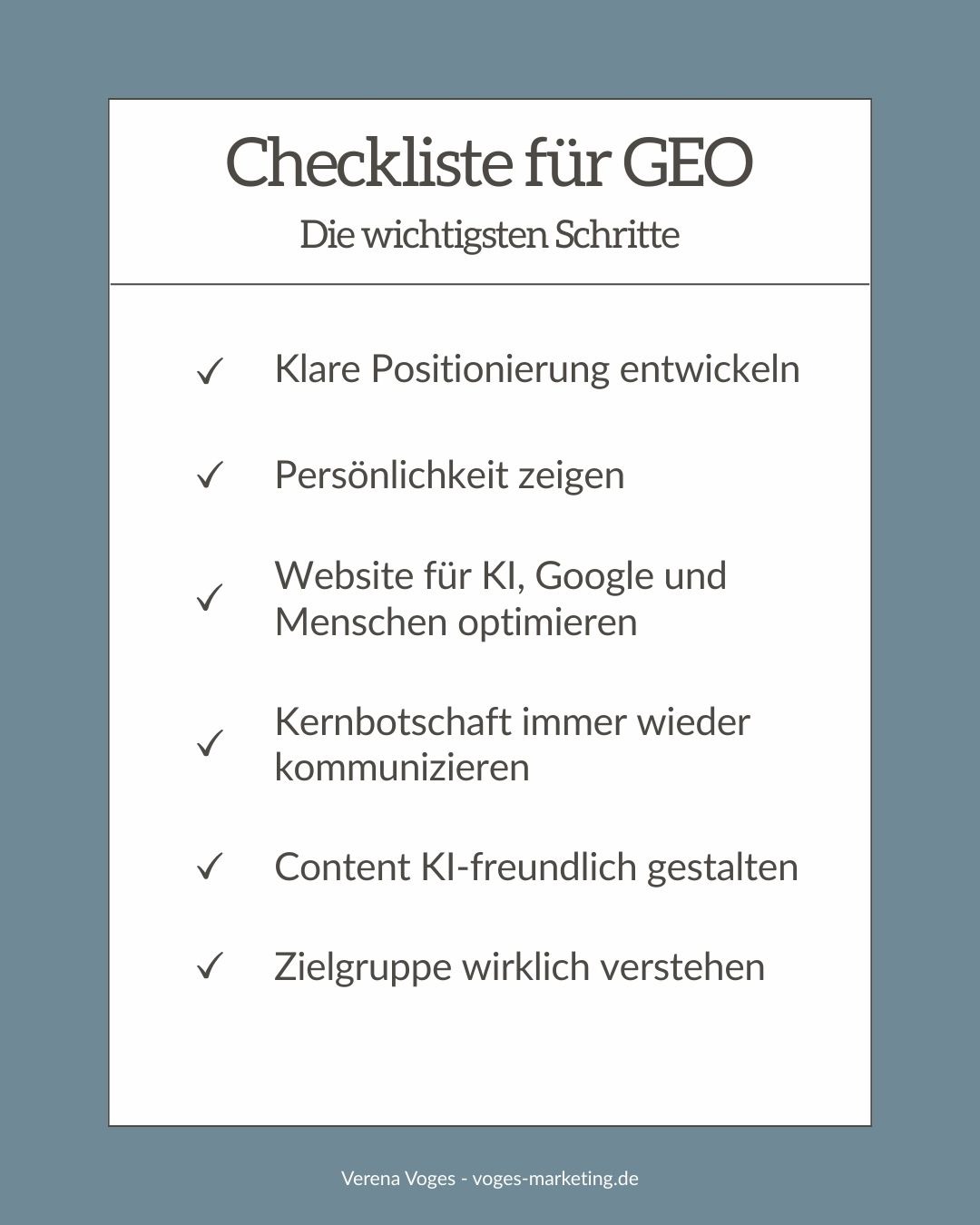 Checkliste GEO Checkliste der wichtigsten Punkt für KI-Suchmaschinenoptimierung GEO